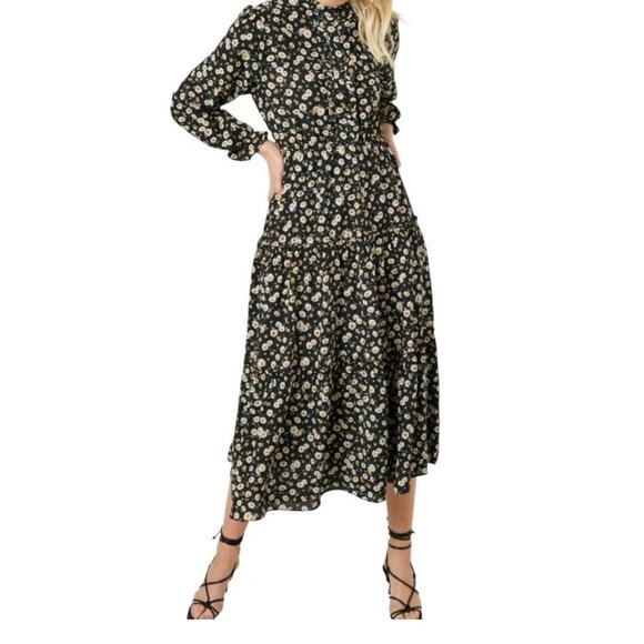 Hayden Los Angeles Black Floral Midi Dress Ruffle Front Women’s Size M - Picture 1 of 7